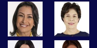 Uma colagem de mulheres com diferentes expressões faciais