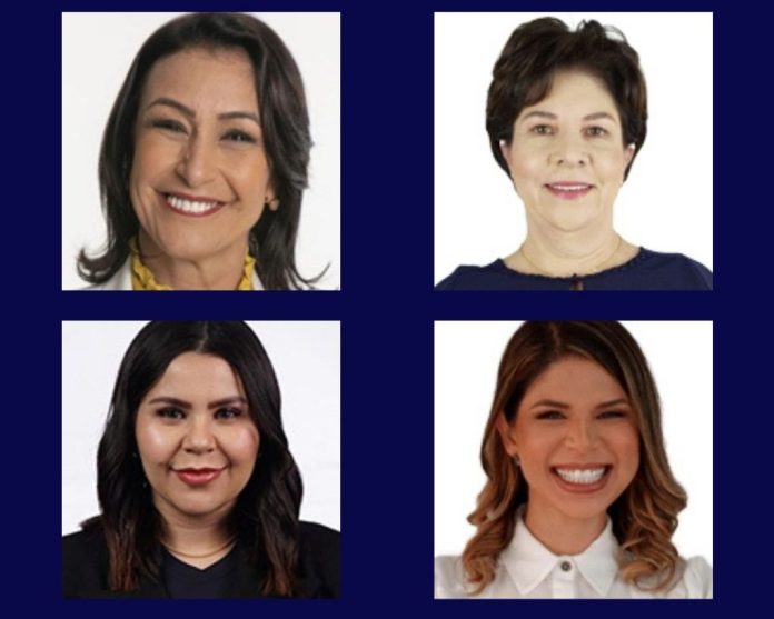 Uma colagem de mulheres com diferentes expressões faciais